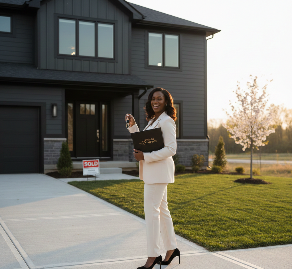 Happy homeowner in front of new home in Lake Nona, FL with SOLD sign