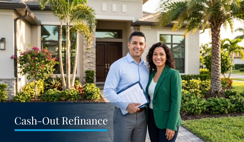 Florida couple in front of home after cash-out refinance with Jhenesis Mortgage