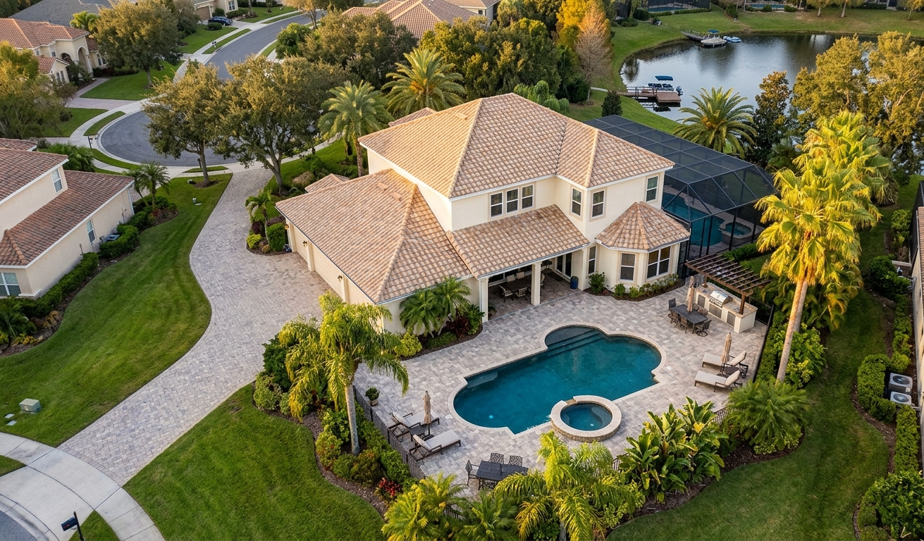 Aerial view of a luxury Florida single-family rental home with pool — eligible investment property for foreign national DSCR mortgage