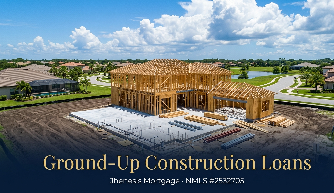 Luxury spec home under construction in Florida — framing stage with blue skies, Jhenesis Mortgage ground-up construction loans