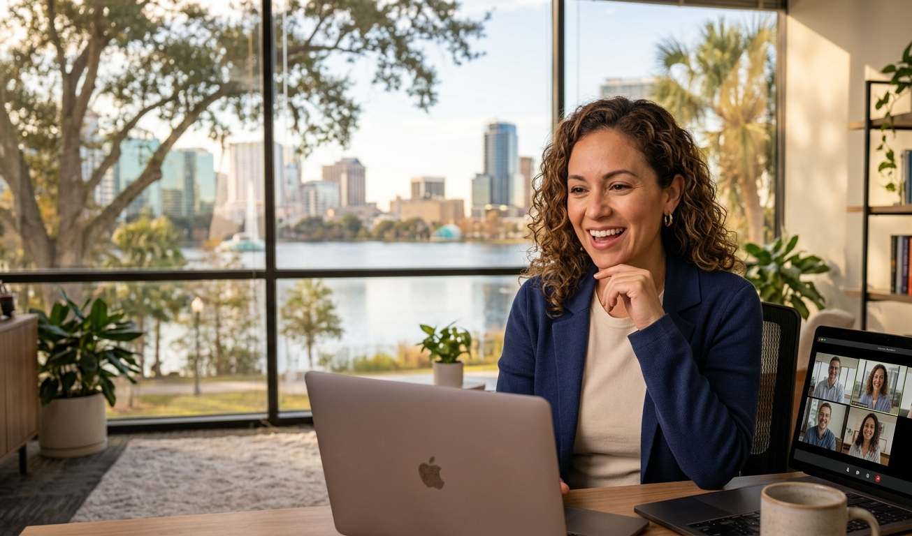 International property owner on a video call with her Florida mortgage broker to discuss cash-out refinance options