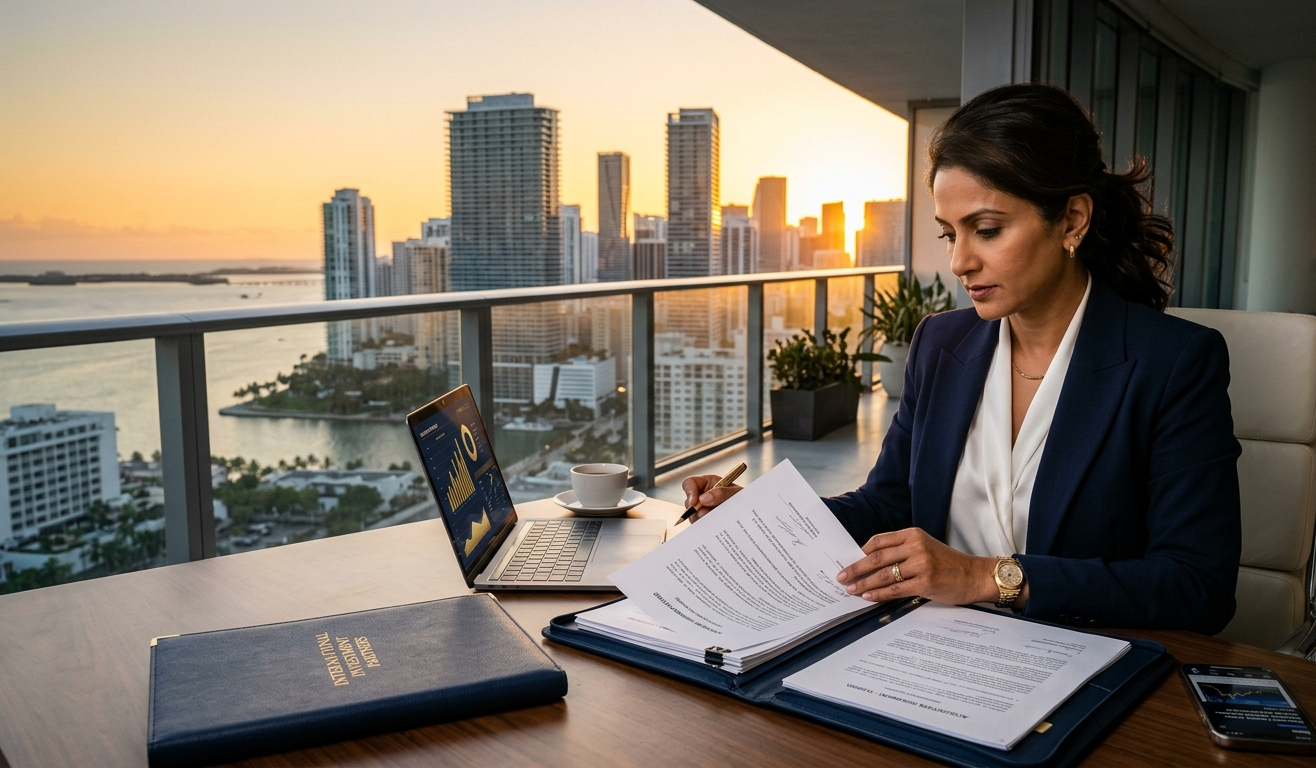 International investor reviewing foreign national mortgage documents for Florida investment property