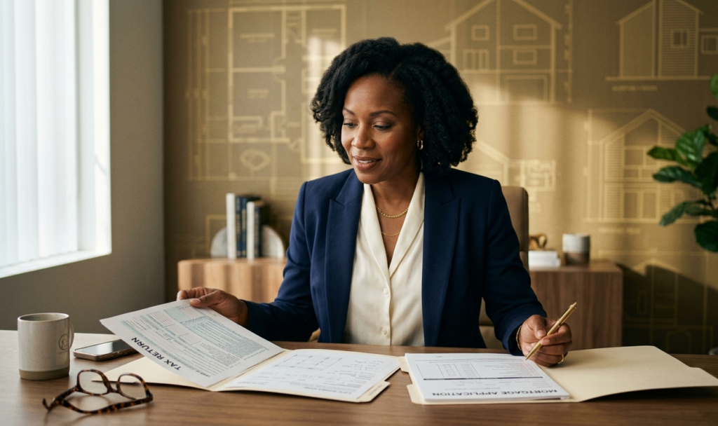 Mortgage broker Stacy Ann Stephens reviewing tax returns and mortgage documents, illustrating the Smart Tax Paradox for self-employed borrowers — Jhenesis Mortgage
