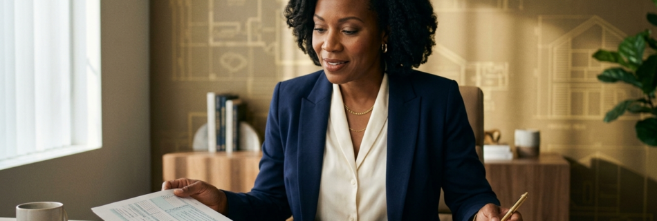 Mortgage broker Stacy Ann Stephens reviewing tax returns and mortgage documents, illustrating the Smart Tax Paradox for self-employed borrowers — Jhenesis Mortgage