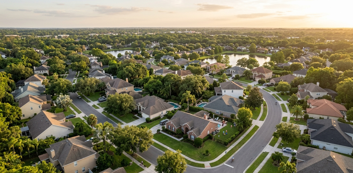 Peaceful Florida neighborhood with single-family homes — the type of property eligible for the Family Opportunity Mortgage Fannie Mae program for elderly parents and disabled adult children — Jhenesis Mortgage