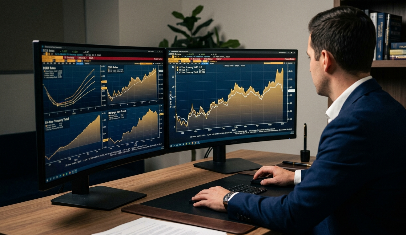 Mortgage rate analyst reviewing bond yield charts and DSCR loan pricing for Florida investors — Jhenesis Mortgage
